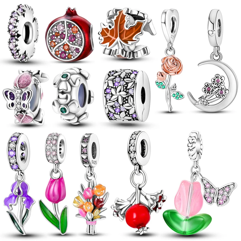 

New Women's Gift 925 Silver Creative Plant Series Colorful Flower Carnation Beaded Fashion DIY Charm Bracelet Pendant Jewelry