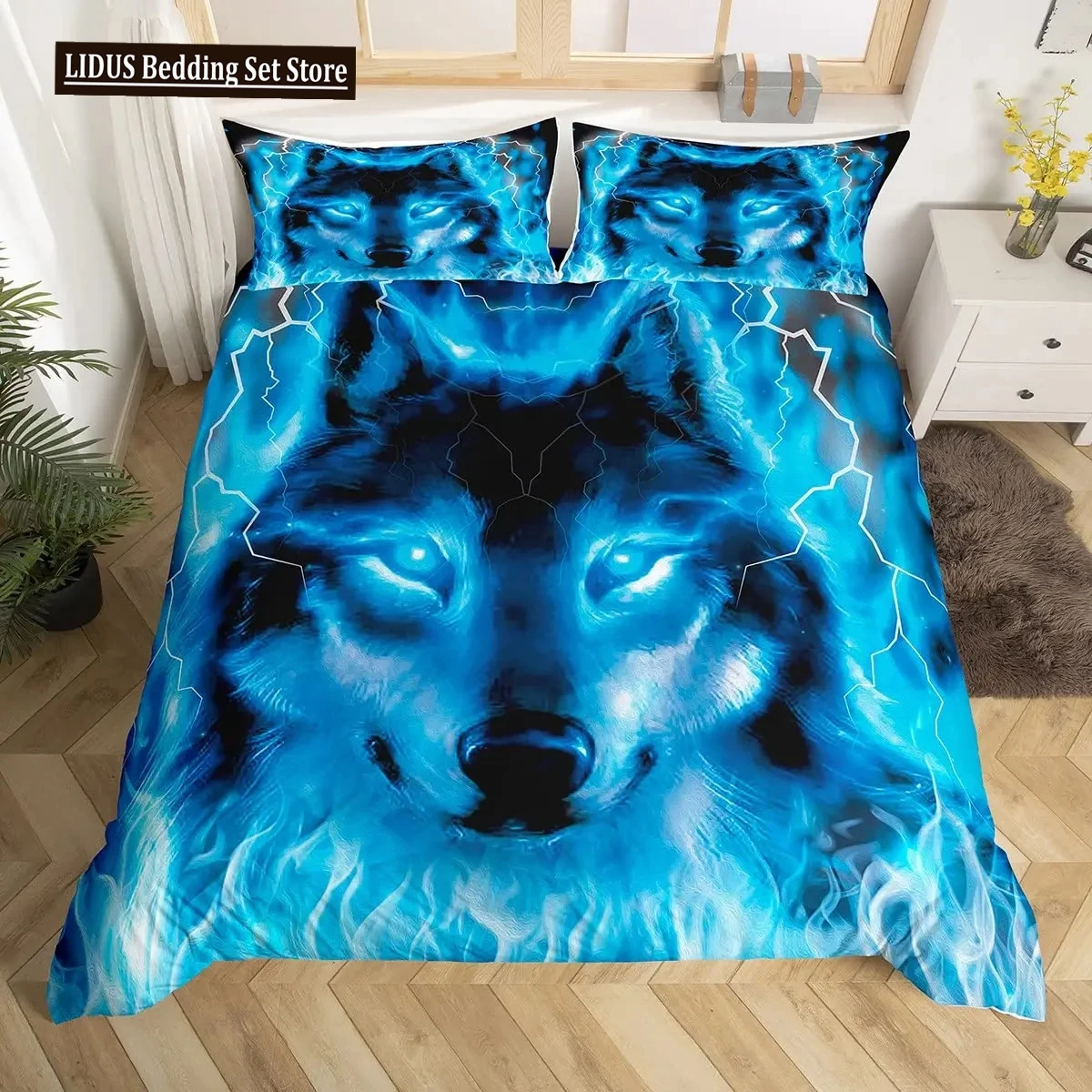 

Boys Wolf Duvet Cover Set Queen Size, Boho Wolf Wildlife Animal Bedding Set Men Galaxy Dream Catcher Moon Polyester Quilt Cover