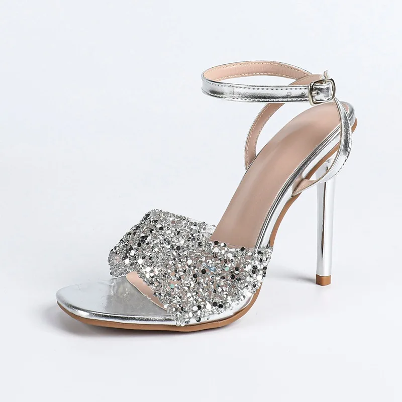 

2026 Summer Sexy Ankle Buckle Strap Sliver High Heels Pumps Women Sequin Elegant Square-Toe Open Toe Sandals Party Dress Shoes