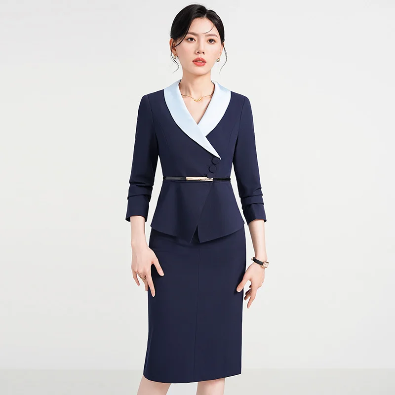 

High Quality Black Suit Suit Dress Women Elegant 2 Piece Set Fall New Commuter Formal Career Set Blue Long Sleeve Cropped Jacket