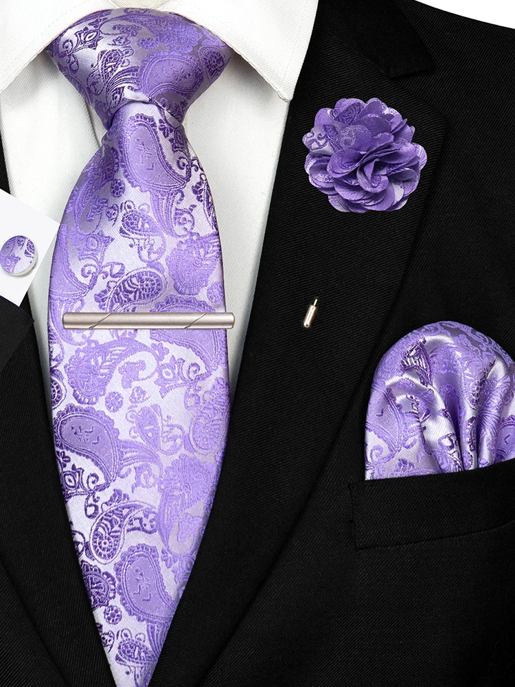 ربطة عنق بيزلي أرجوانية مع بروش ربطة عنق زفاف أنيقة للرجال أزرار أكمام منديل مشبك ربطة عنق الصدار ملحقات حفلات الأعمال