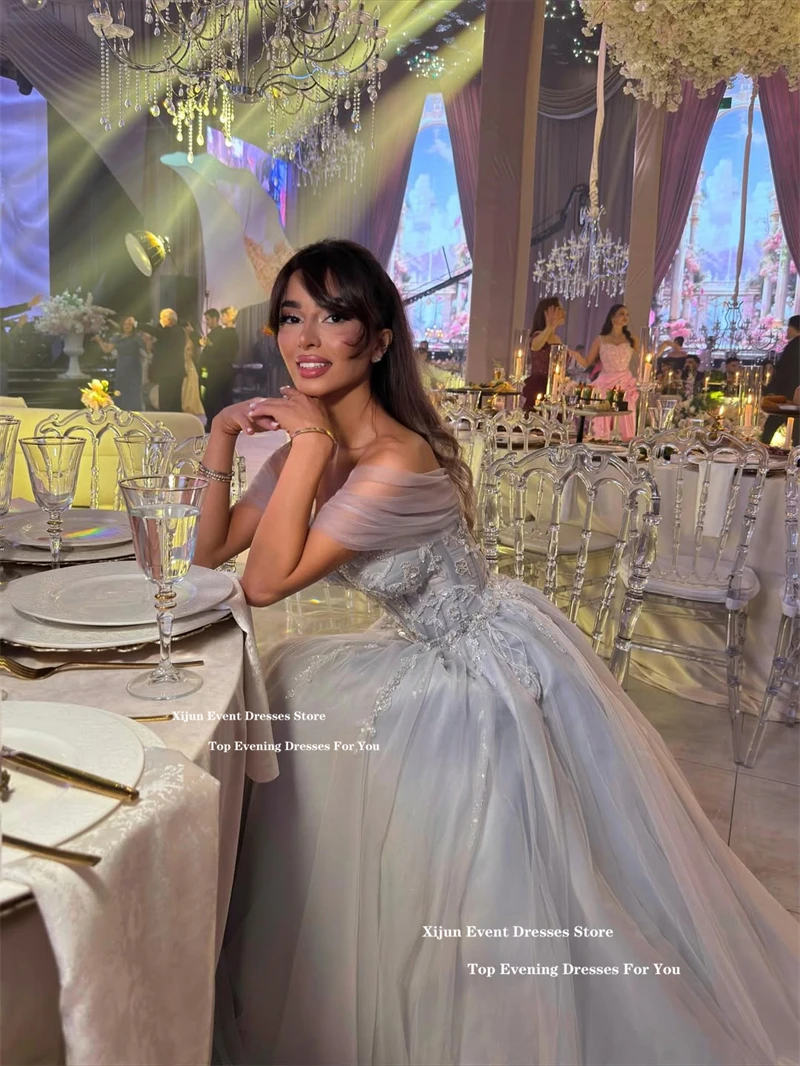 Xijun Blue Princess Long Evening Dresses Tulle Beads Appliqués Off The Shoulder Prom Dresses A-Line Corset Prom Gowns Customized