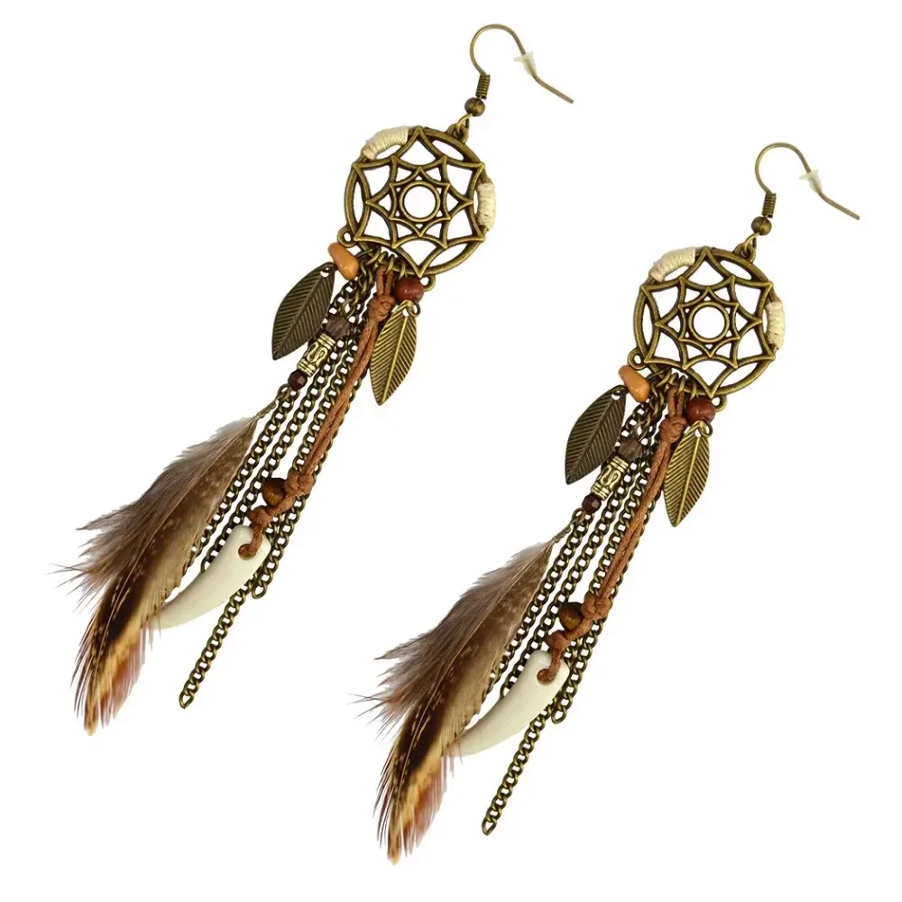 Bohemian Style Dangling Drop Earrings Handmade Antique Tassel Earrings Long Leaf Pendant Dream Catcher Earrings Vacation Jewelry