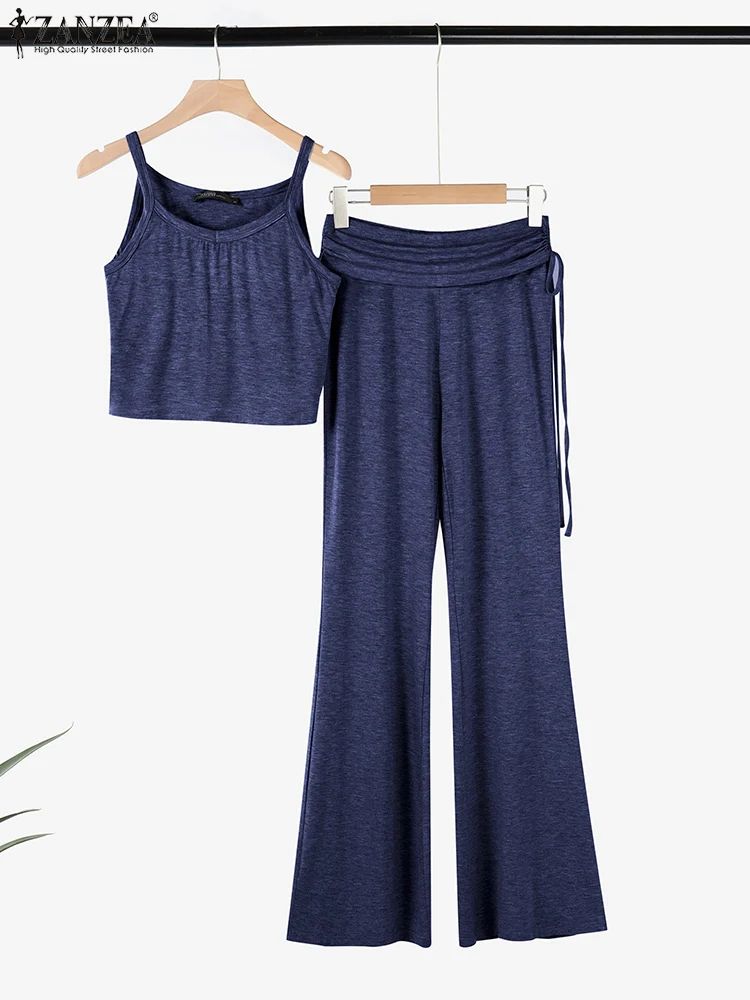 

ZANZEA 2025 Summer Vintage Yoga Pant Sets Sporty Short Vest Drawstring Flare Trouser Suit Solid Knitted 2PCS Outfit Tracksuit
