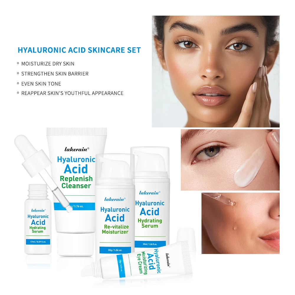 Hyaluronic Acid Skincare Set Facial Cleanser Soothing Essence Restoring Eye Cream&Creamy Moisturizer Improves Dry Skin