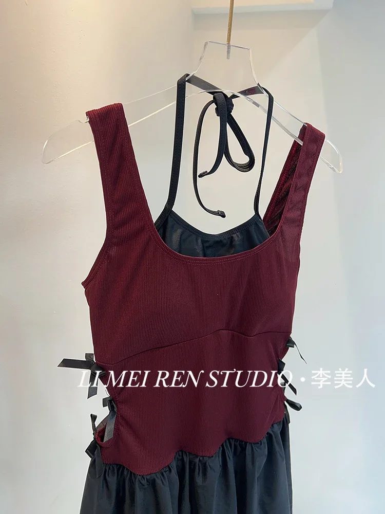New neck hanging two-piece bow sexy burgundy skirt style one-piece swimsuit for women