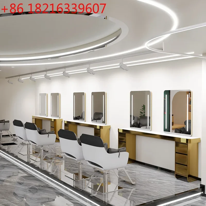 Single double-sided mirror table with cabinet, simple hair  with lamp perm and dye mirror, round hair cut