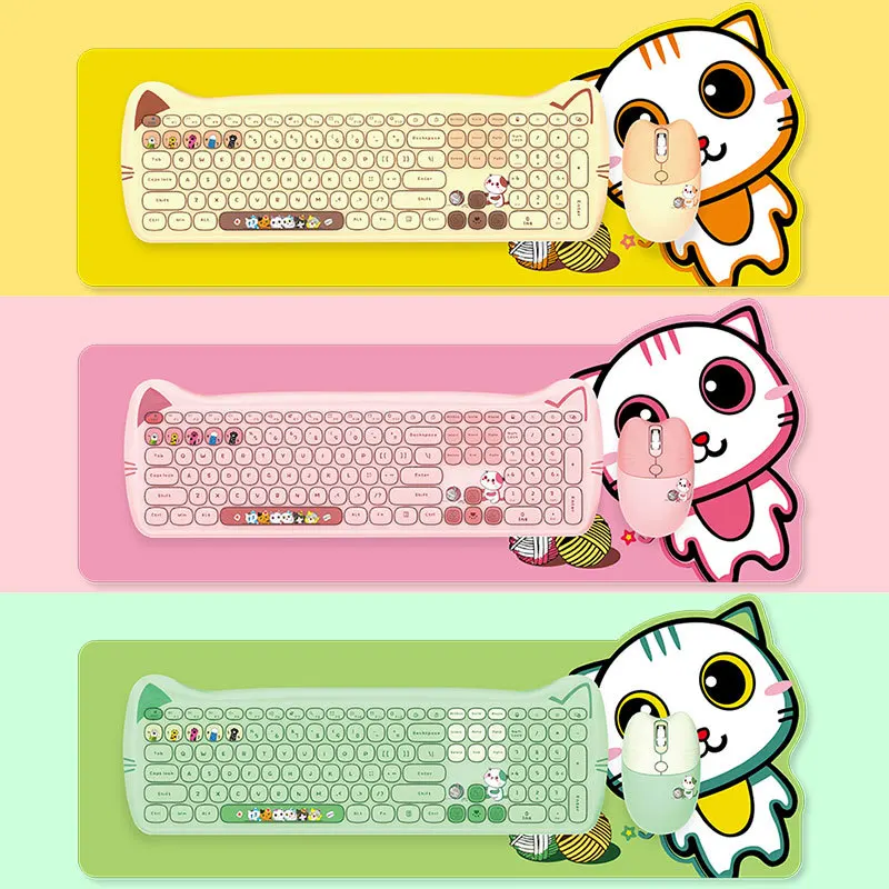 Moffi Kitten Pattern Wireless Keyboard & Mouse Plus Set Cute Chocolate Office Typing Keyboard For Girls Silent  Power Saving