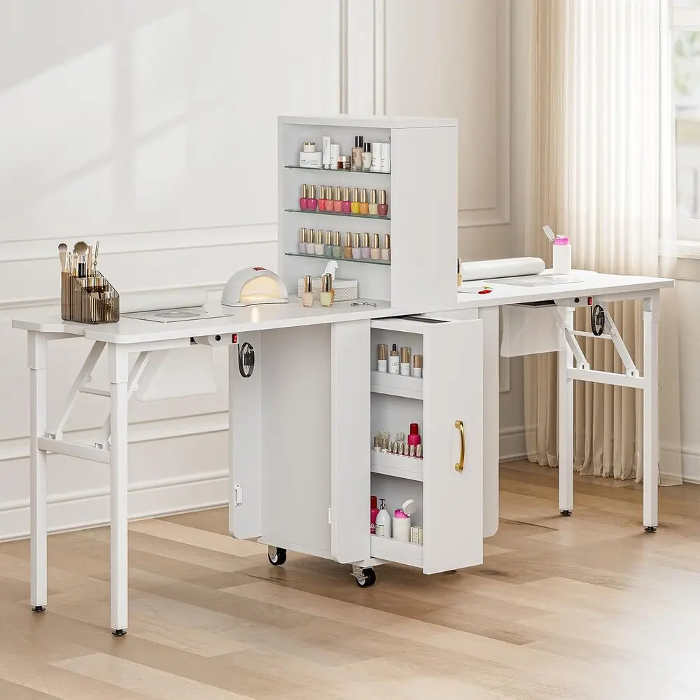 Tavolo manicure pieghevole bifacciale con raccoglitori di polveri, ripiani, cassetti e cuscino da polso (bianco)