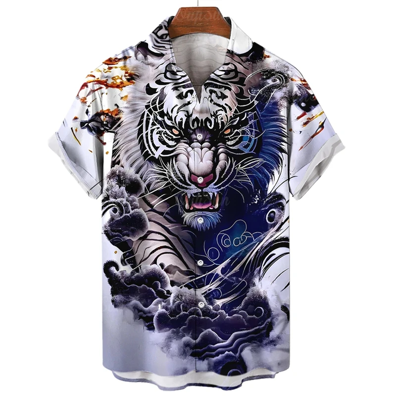 Chemises graphiques tigre dominateur pour hommes, chemisiers College en 3D, vêtements punk, chemisier à revers, streetwear hawaïen, bouton animal chat, Y