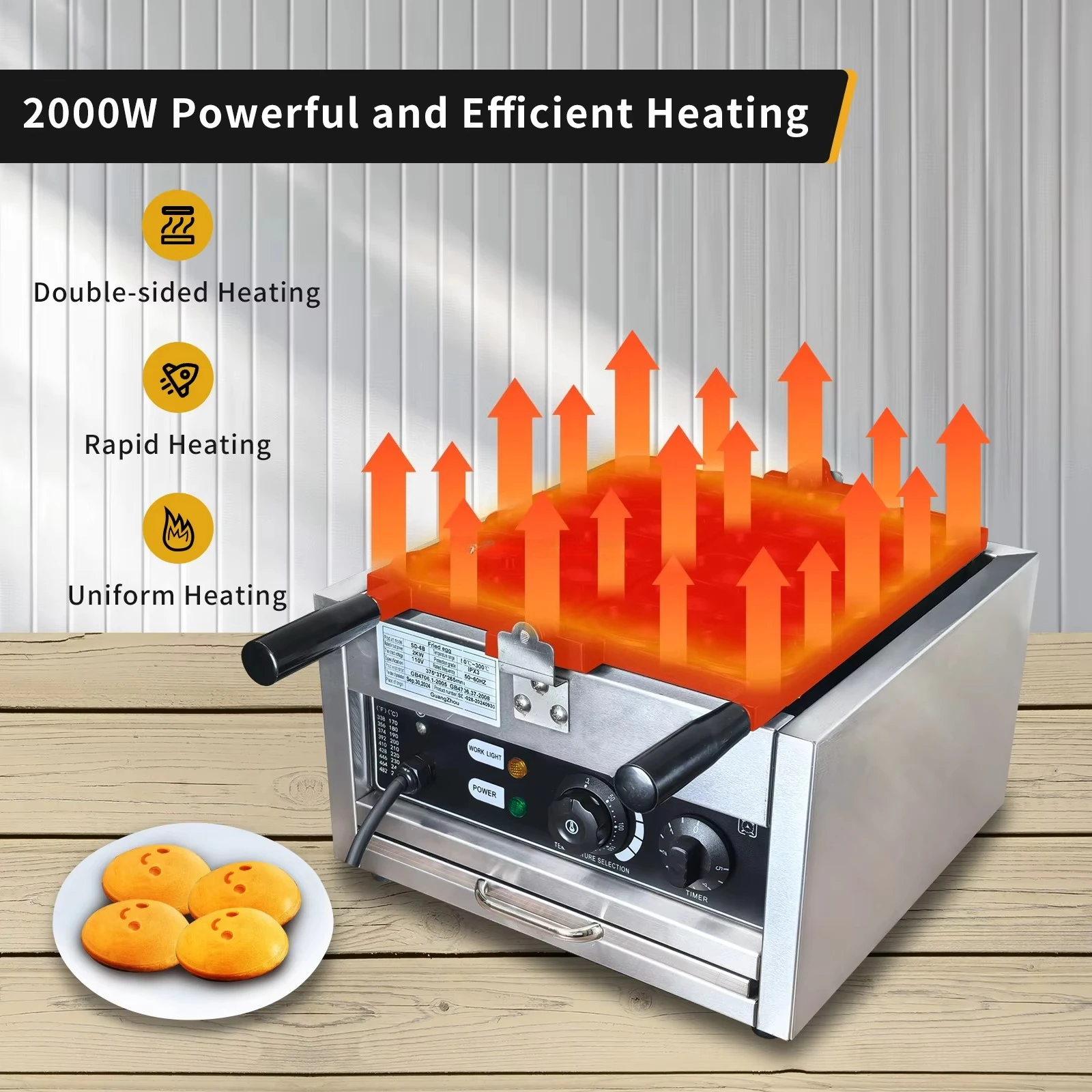 Adjustable 50-300℃/122-572℉ Egg-Shaped Smiling Face Waffle Maker with Non-Stick Teflon Coating Snack Machine