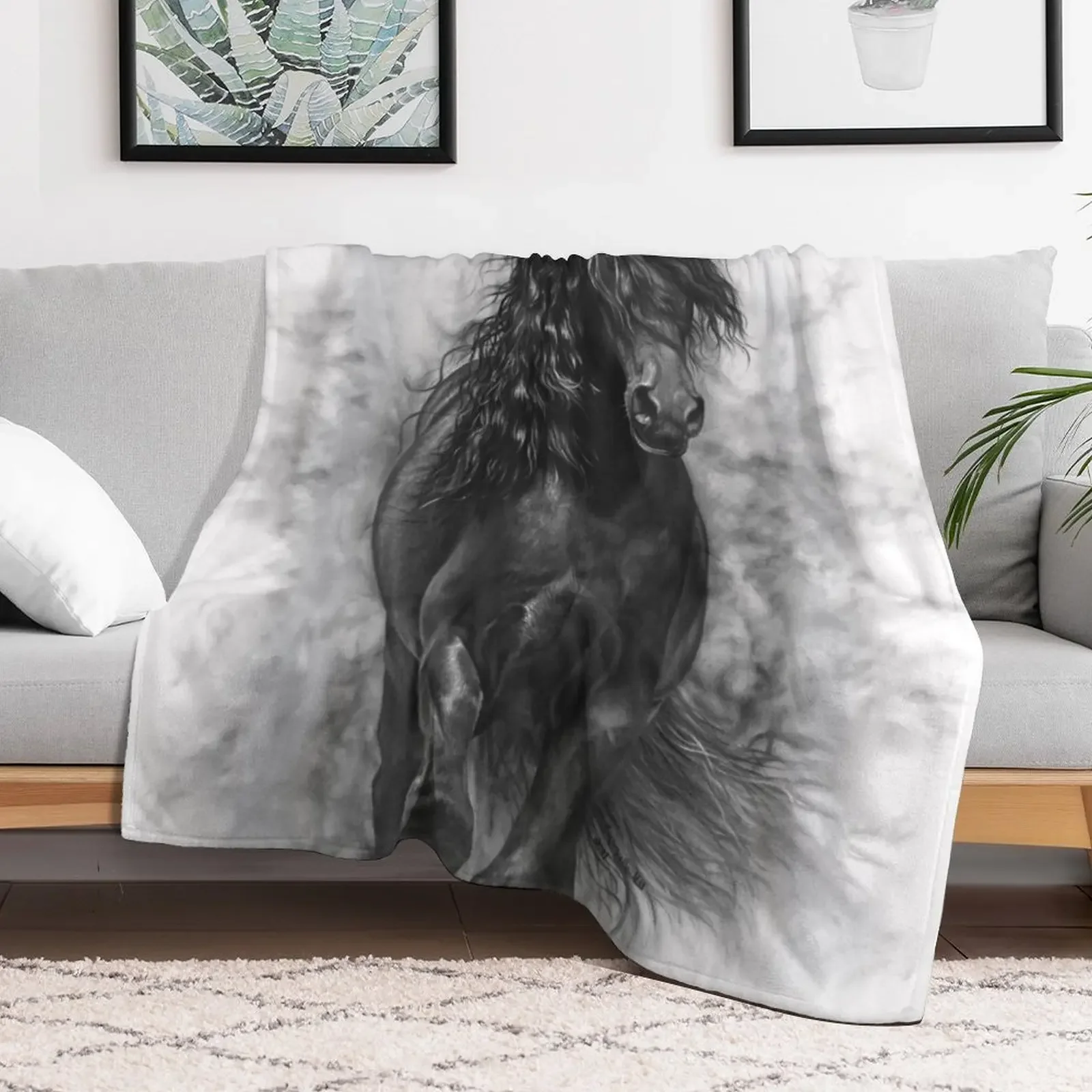 Black stallion in the mist Throw Blanket Luxury Designer blankets and throws Winter beds Decorative Throw Blankets