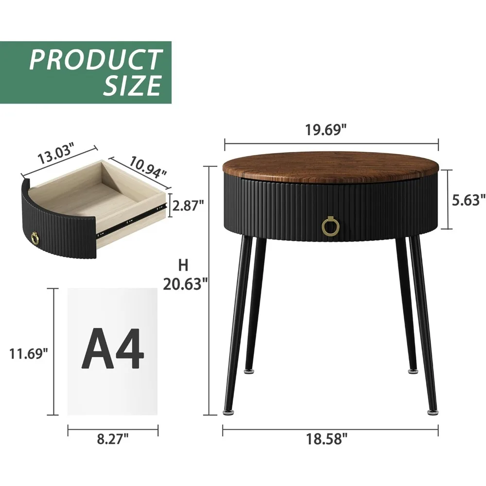 طقم طاولات جانبية مكون من 2، منضدة مستديرة مع درج، طاولات نهاية السرير الحديثة للمساحة الصغيرة، غرفة المعيشة