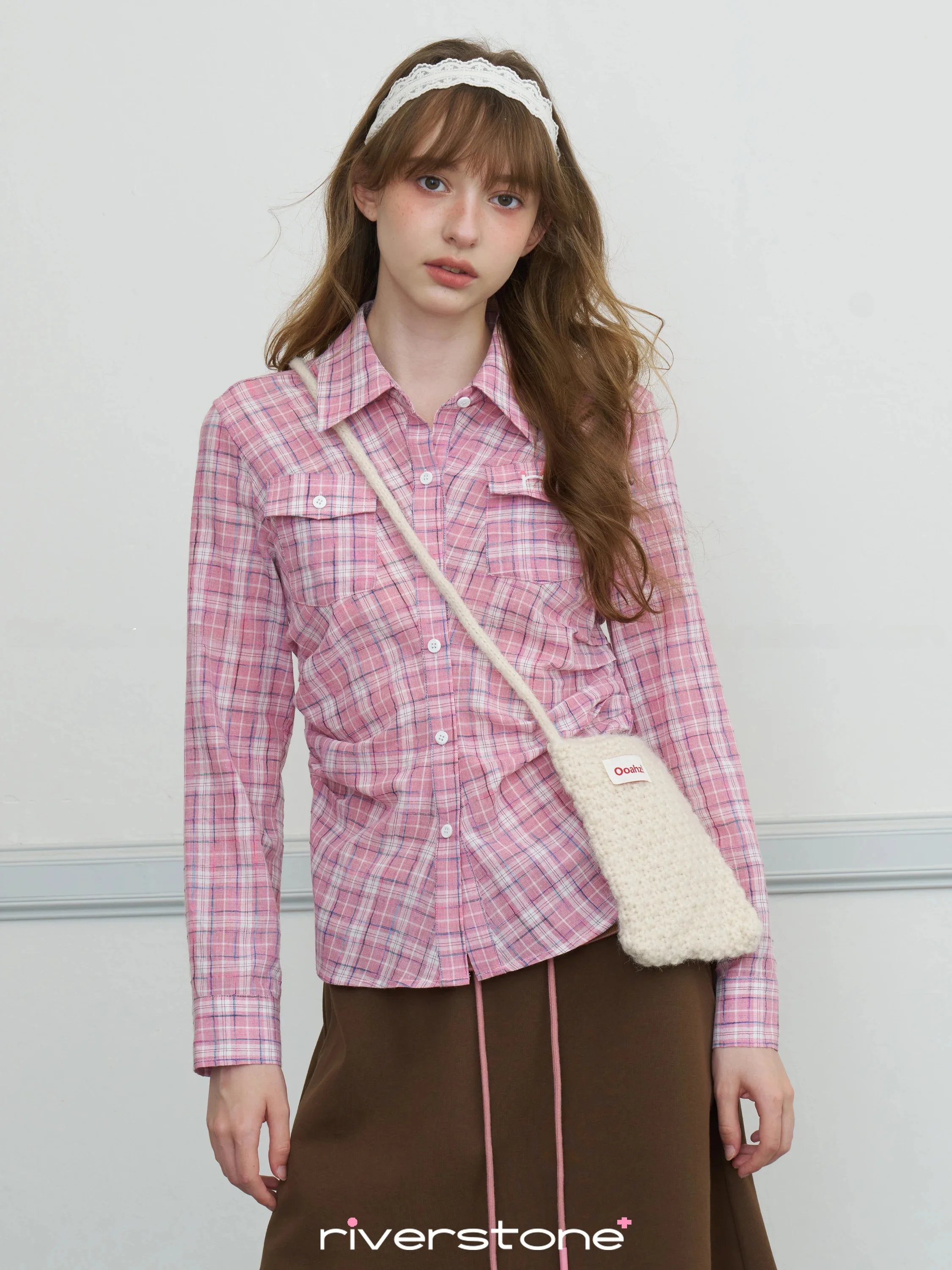 Riverstone plus Retro Plaid Gathered Long Sleeve Shirt Women's Slimming Design Spring Autumn Top Breathable Polyester Blend