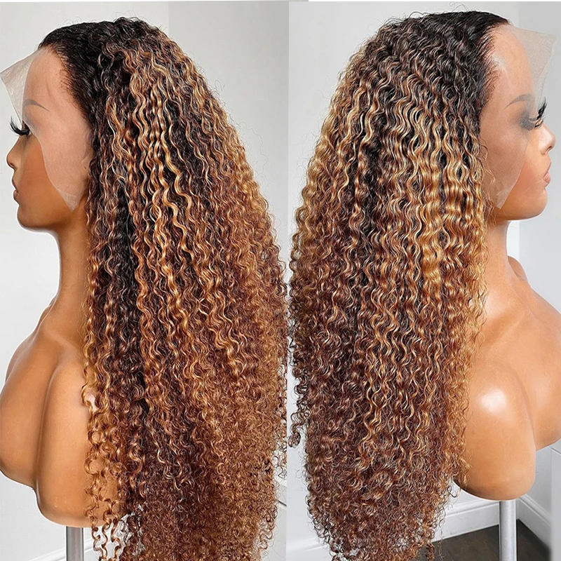 Long Kinky Curly Lace Front Wig para mulheres, Ombre Loiro, cabelo macio do bebê, resistente ao calor, sem cola, pré-arrancadas diariamente, 26 ", 180 Densidade