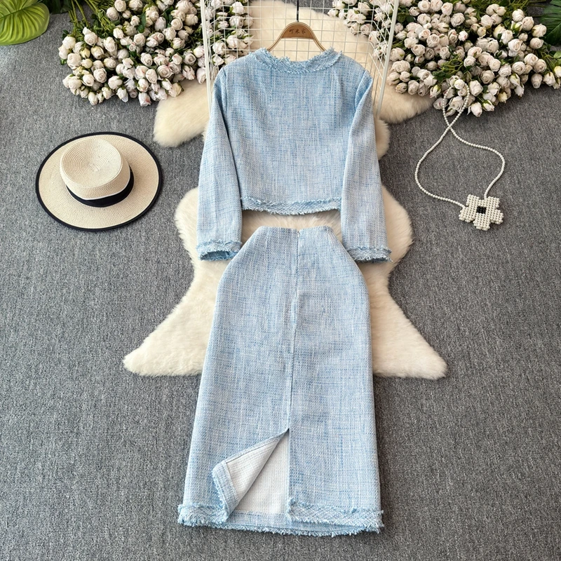 Autumn And Winter Small Fragrance Two Piece Skirt Set Socialite Elegant Coarse Woolen Coat+ High Waist Hip Hugging Skirt