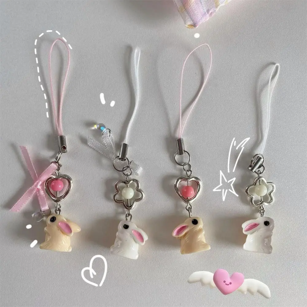 Flower Bowknot Rabbit Keychain Phone Charm Pendant Cellphone Strap Heart Anti Lost Phone Strap Lanyard Backpack Accessories