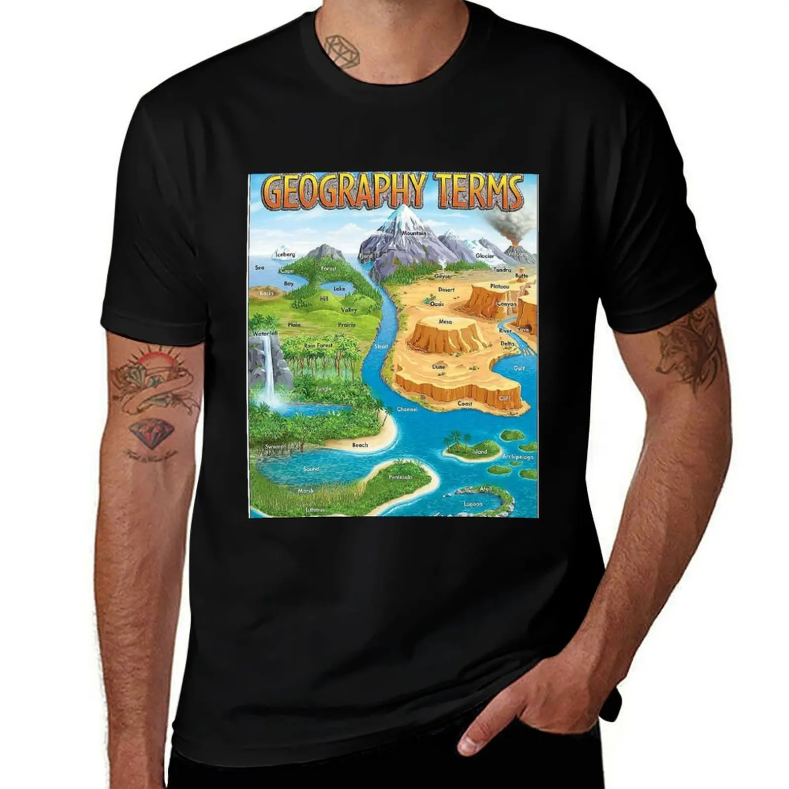 T-shirt avec motif de carte des termes géographiques des années 90, T-shirt à séchage rapide et évacuant l'humidité