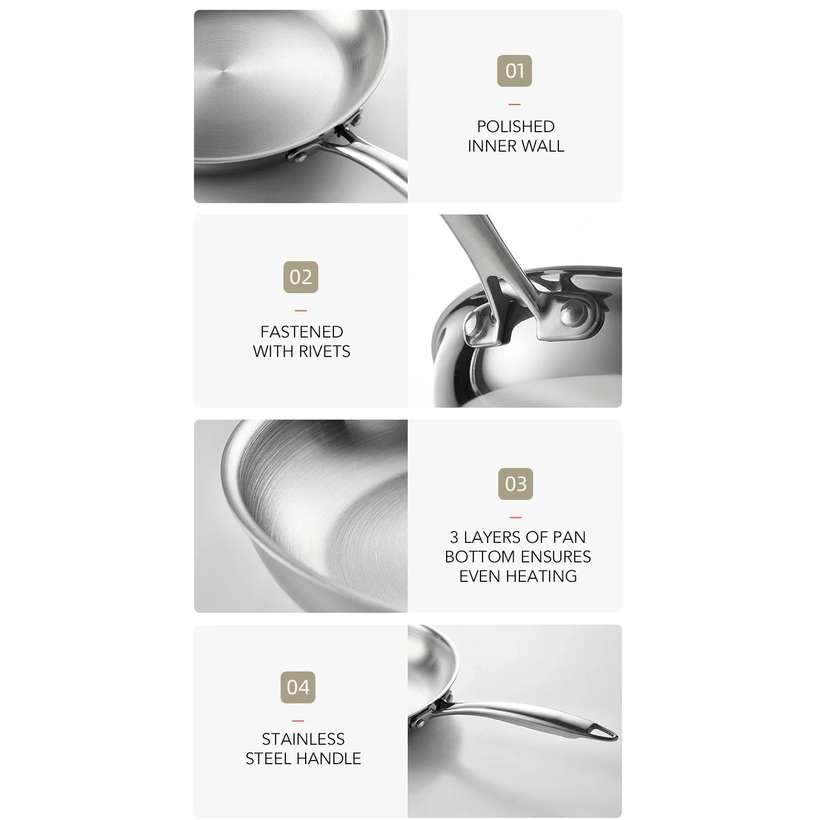 مقلاة من الفولاذ المقاوم للصدأ مقلاة مطبخ غير لاصقة مع مقبض سميك مناسبة لجميع المقالي غير اللاصق