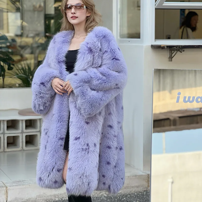 2023 New  Spotted Fox Fur Flare sleeve Coats Women Winter Warm Outerwear High Quality Genuine Fox Fur Thick Fur Coat V-Neck