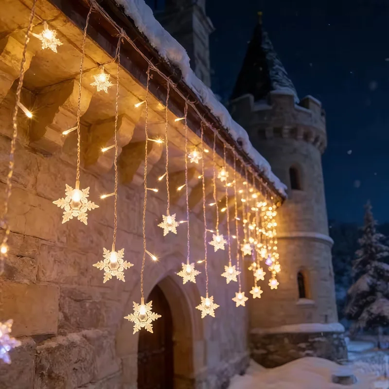 LED Snowflake Curtain Lights Hanging Icicle String Lamp Christmas Window Home Party Decor