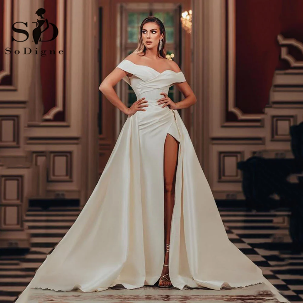 

SoDigne Sexy Off The Shoulder Wedding Dresses Side Split Detachable Train Wedding Gowns Women Elegant Party Bride Dress