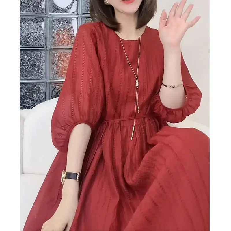 Summer New Fashion Short-sleeved Dress Loose Casual Seven-quarter Sleeve Thin Rope Waisted Sensible and Elegant Mid-length Skirt