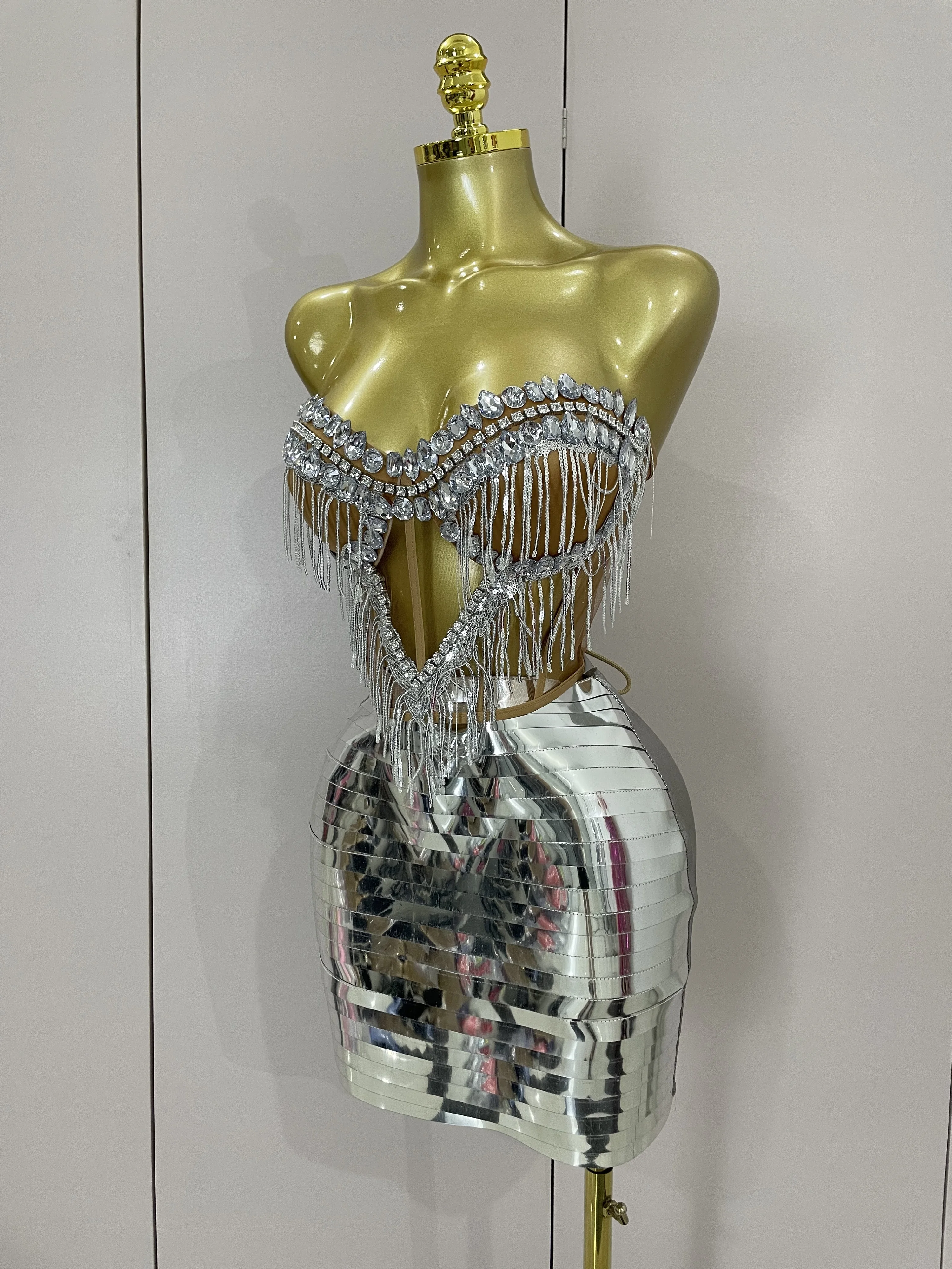 Women Sparkly Rhinstones Tassels Strapless Top Skirt Two-piec Set Sexy Designer Nightclub Evening Birthday Party Stage Outfit