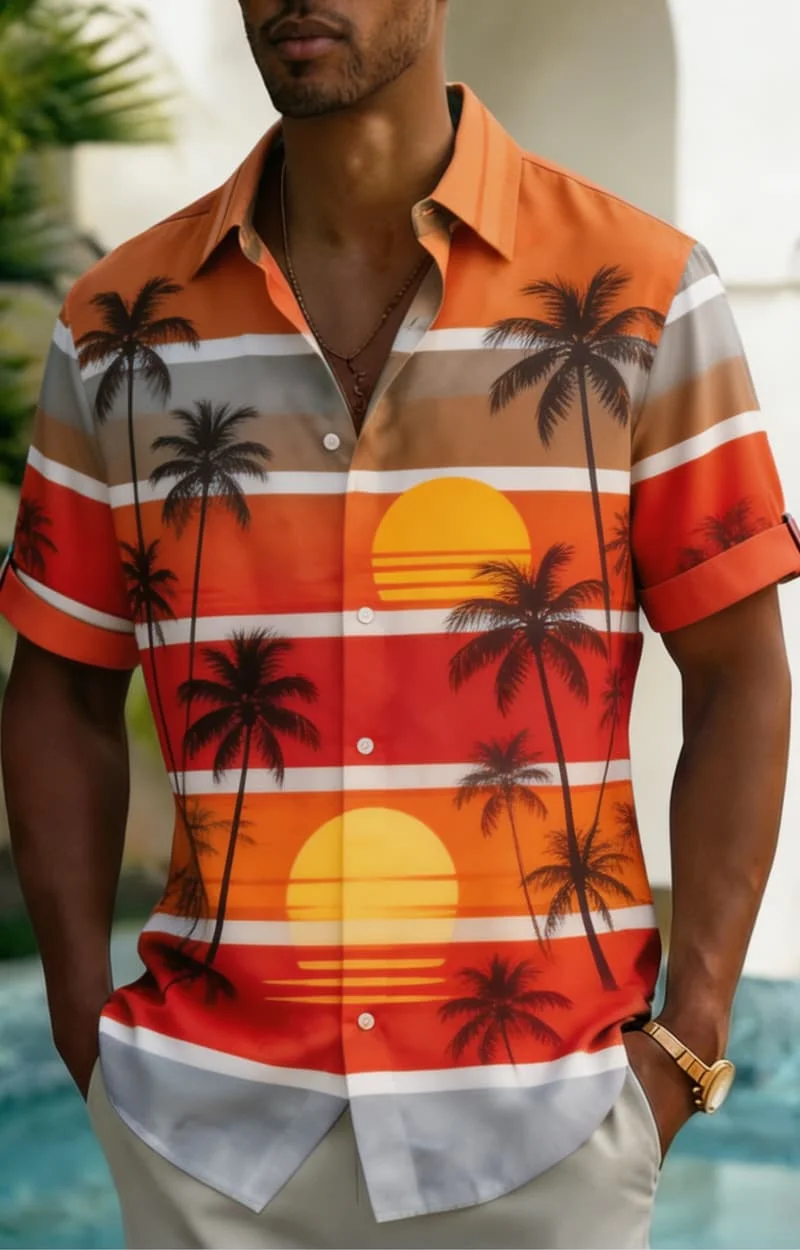 

Men's Casual Coastal Striped Print Shirt, Relaxed Hawaiian Style for Summer Getaway, Beachwear, Daily Casual & Street Fashion