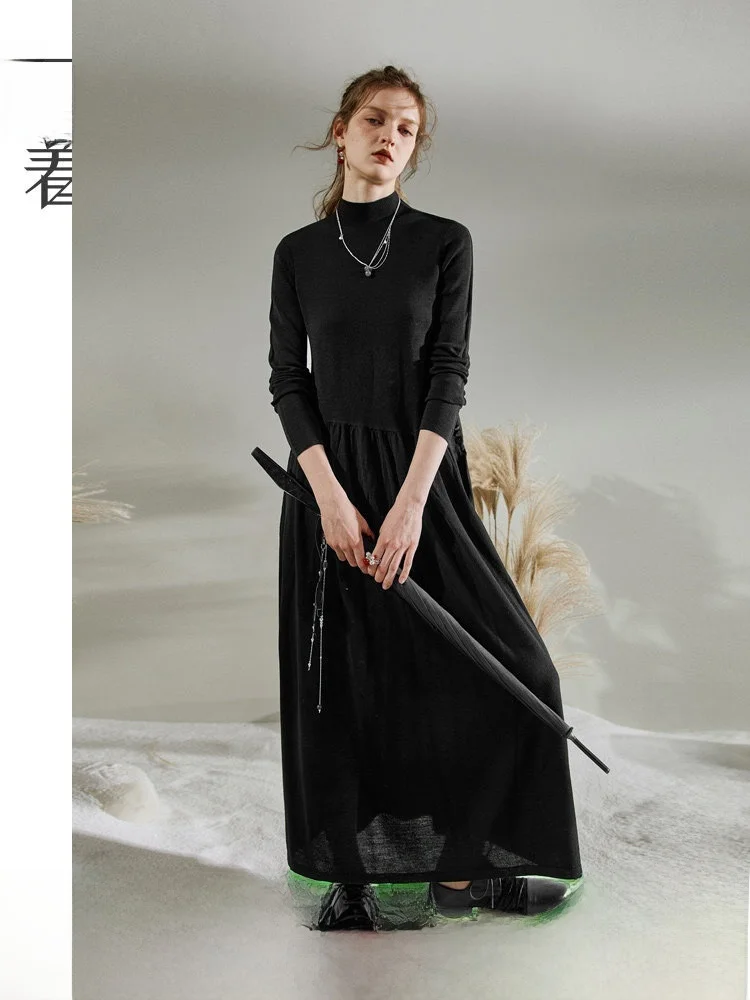 

Autumn New Sle Casual Knitted Long Dr Soft Woolen Fabric High Collar Ele Ladylike Fit And Flare Skirt for Women