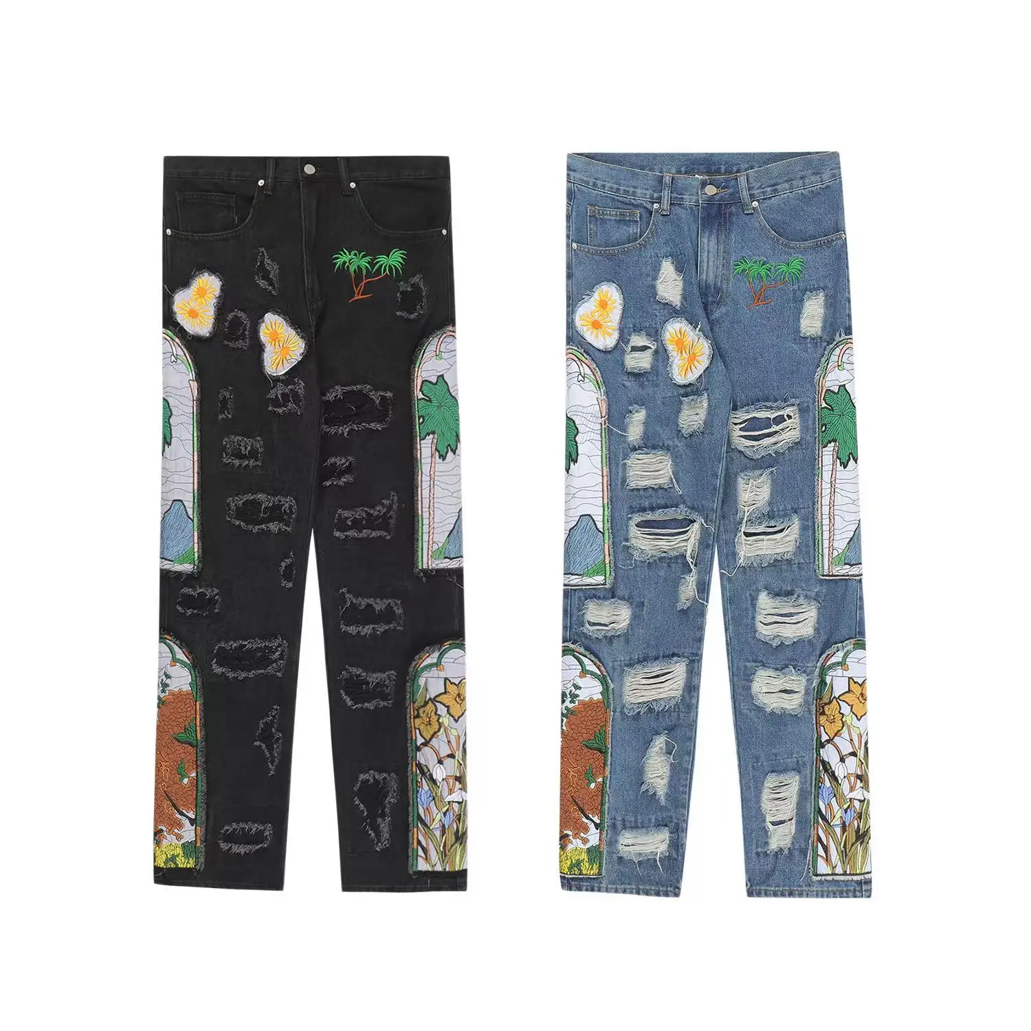 Harajuku Embroidered Patches Straight Denim Pants for Male