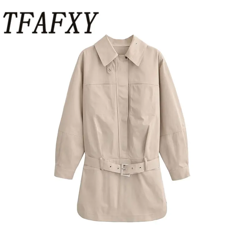 TFAFXY 2026 Frühling Damen Freizeithemd mit Gürtel Kleid Langarm Gerafftes Slim-Fit Kleid mit Taschen Extrem Kurzes Minikleid Y2K