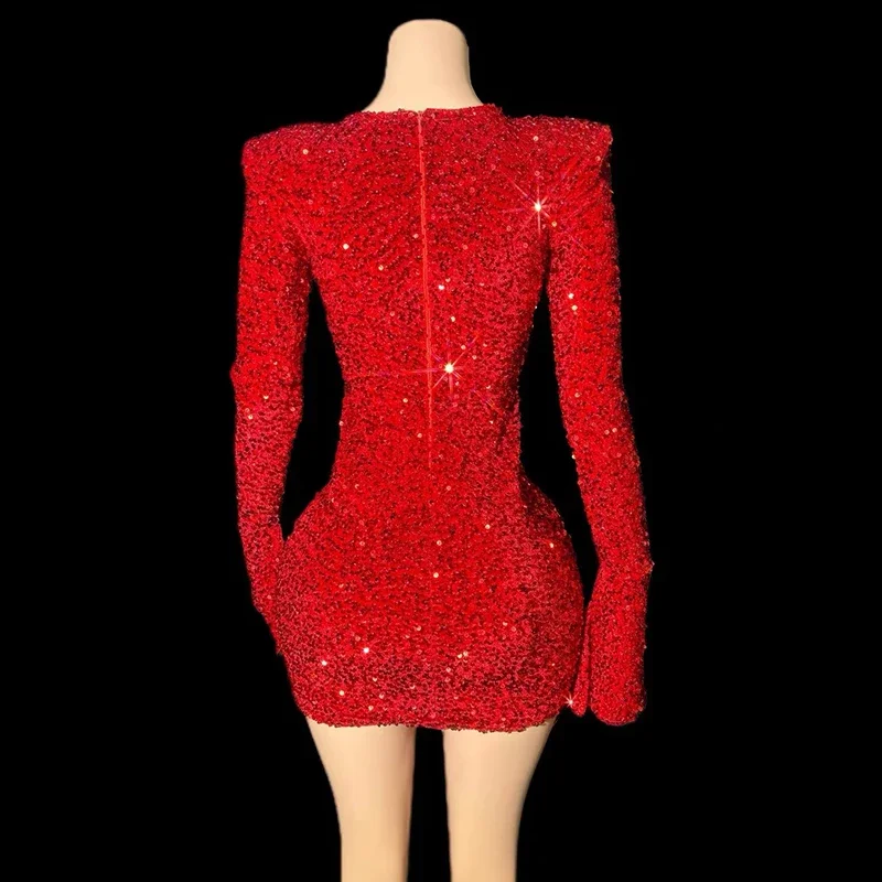 فستان نسائي أحمر بالترتر للحفلات ، أزياء احتفالية ، فستان سهرة ، بار ، دي جي ، دي جي ، مسرح ، جاز ، ملابس رقص ، XS8159 ، 4 ألوان