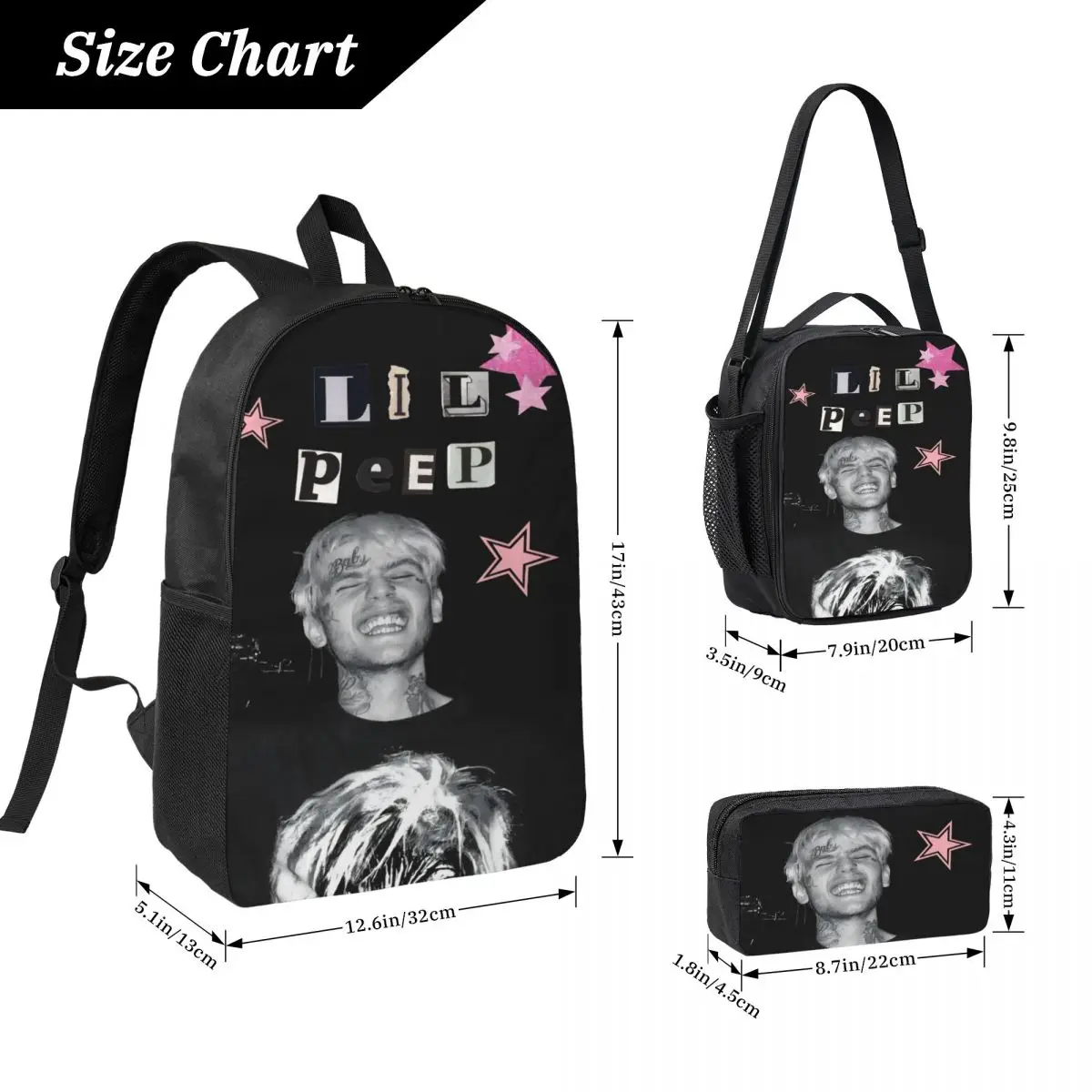 3Pcs Lil Peep Cool Rapper Backpack Set for Girls Boys Pencil Boxes Bookbag Sets with Lunch Box For School Students Daypack