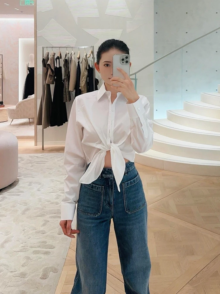 

Womens Cotton Straight Shoulder Hem Tie Short Blouse Summer Solid Color Long Sleeve Suit Collar Single Breasted Luxury Shirt Top