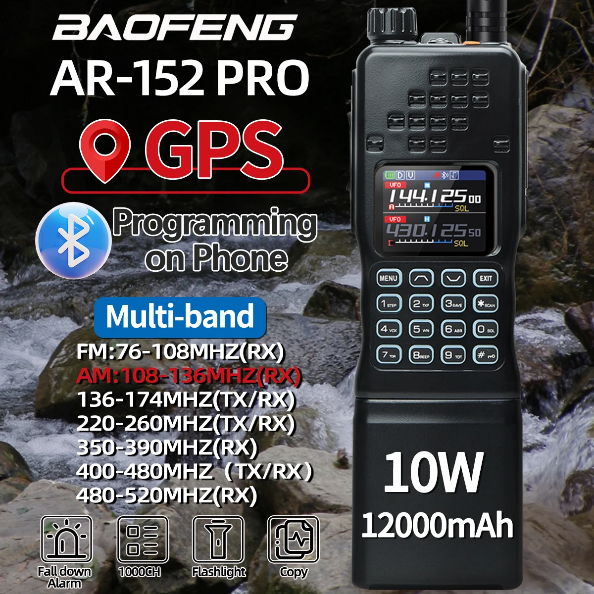 BAOFENG AR-152 PRO GPS Tactial Walkie Talkie Bluetooth Programming Large Capacity 12000mAh Long Range Tri-power Two Way Radio