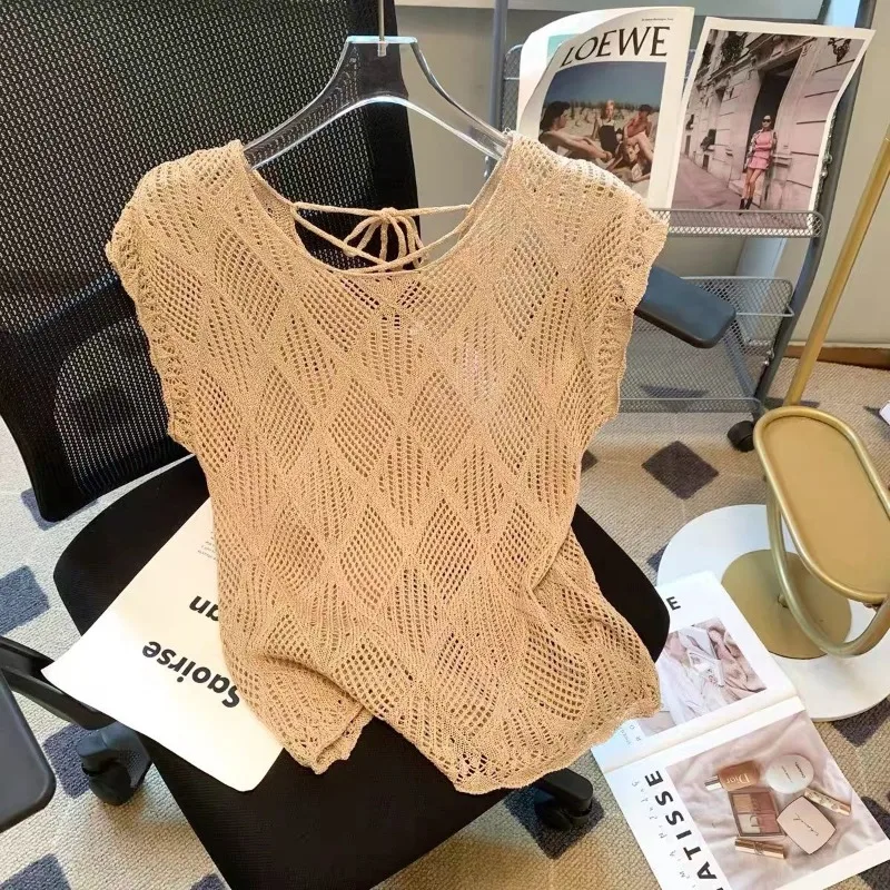 Sweater Vests Women Summer Backless Hollow Out O-neck French Style Office Lady Solid Drawstring Knitted All-match Loose Simple