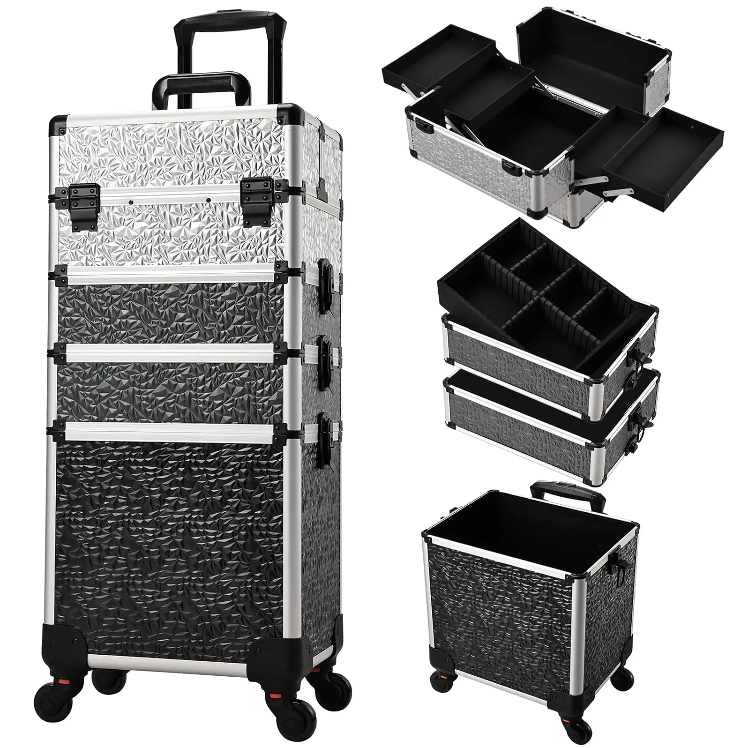 Make-up trolley koffer afneembaar 4-in-1 aluminium trein koffer voor nagelstylist op wielen met slot salon grote capaciteit opbergkoffer