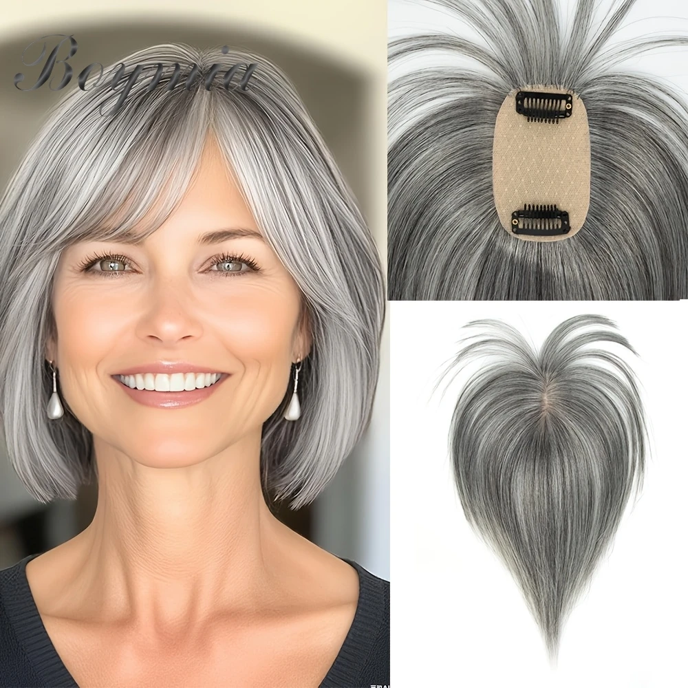 Straight Brown Clip in Human Hair Toppers For Women 5cmx9cm Short Human Hair Toppers With Bangs Natural Black Blonde Hair Topper