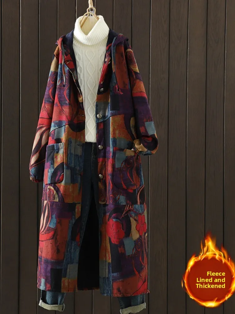 

Thickened Fleece Lined Cotton Jacket Long Loose over Knee Winter Coat for Mom Large Size Plump Women Knee Length Coat