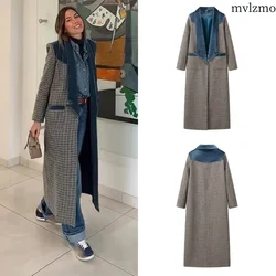 Plus Size abbigliamento donna autunno e inverno cappotto di lana cappotto lungo con cuciture in velluto blu sulle spalle e sul cappotto del colletto