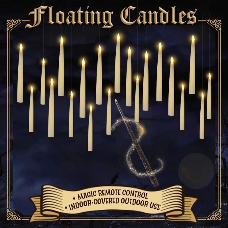 10-20PCS Suspended LED Flameless Candles Wand Remote Battery Operated Floating Flickering Taper Lights for Christmas Halloween