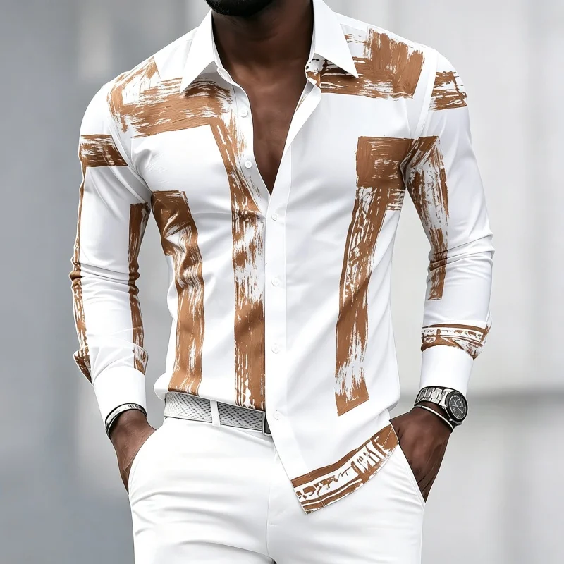 Men's black and white geometric coarse stripe printed long sleeved lapel shirt, retro slim fit shirt, trendy casual men's top