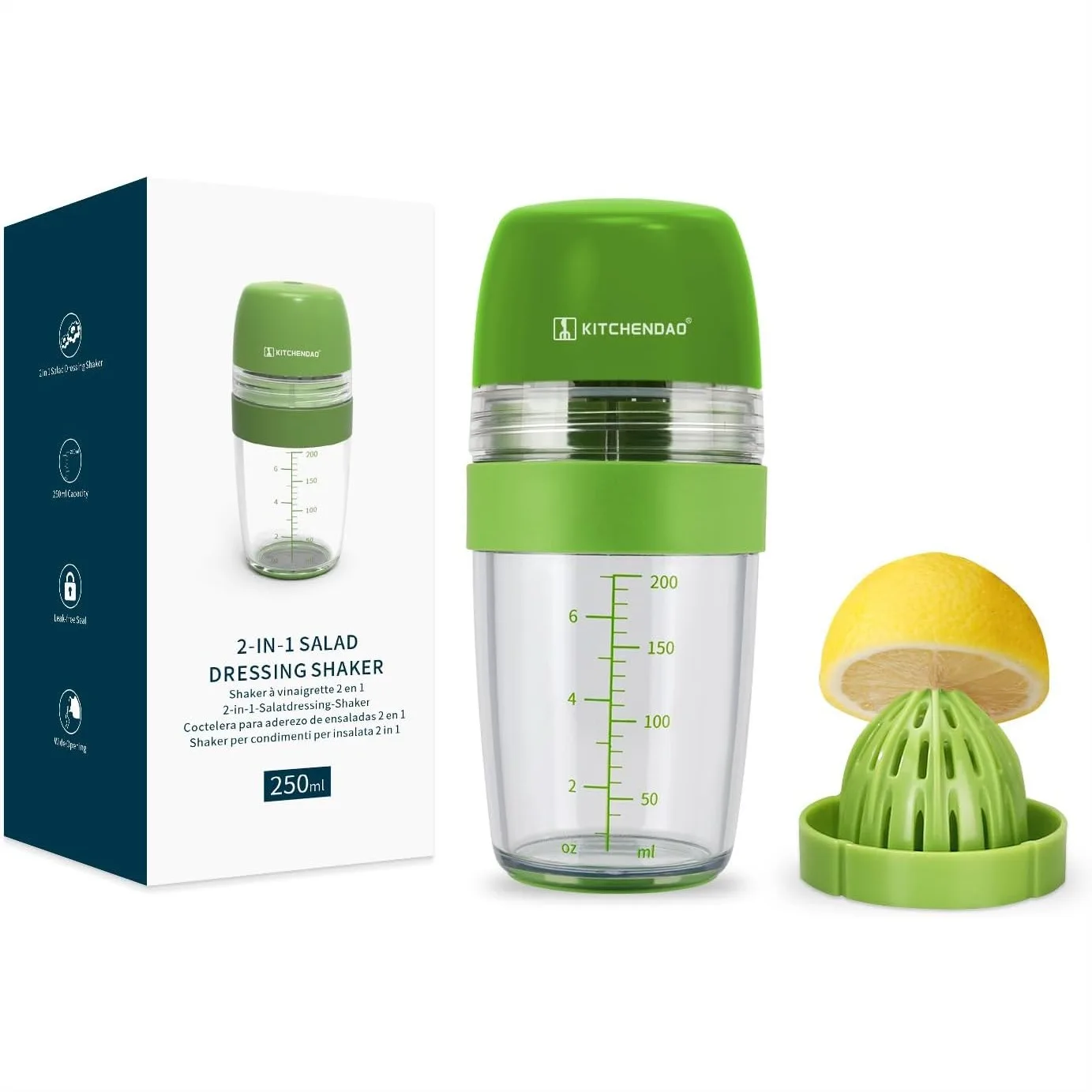 2 in 1 Salad Dressing Shaker Bottle with Juicer, Leakproof Pour Spout, Soft Grip, Dishwasher Safe Travel Mixer for Homemade Oil