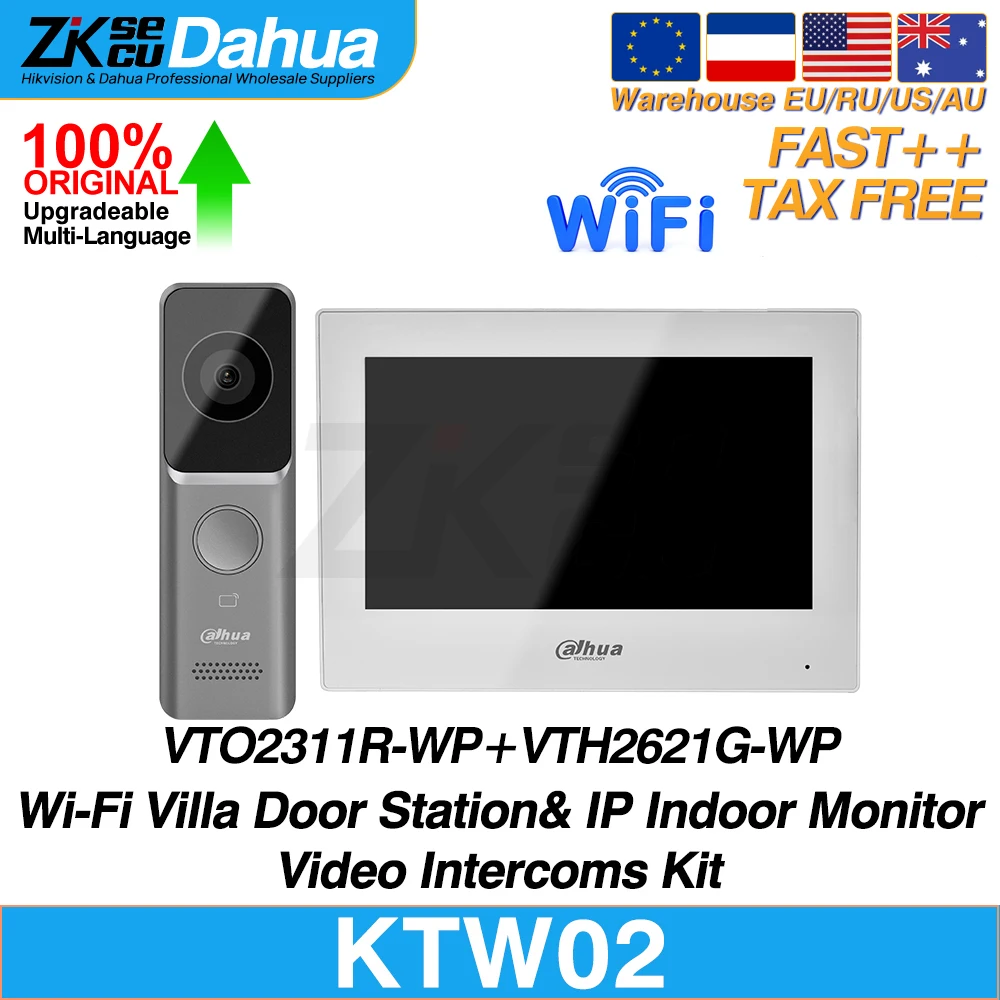 Dahua Original KTW02 Wi-Fi IP Video Intercom Kit include Villa Door Station VTO2311R-WP & Indoor Monitor VTH2621G-WP