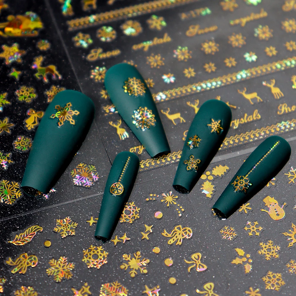 12 枚のクリスマスネイルアートステッカーゴールドスノーフレークネイルデカール冬クリスマスベルツリーヘラジカクリスマス 3D 自己粘着マニキュア装飾