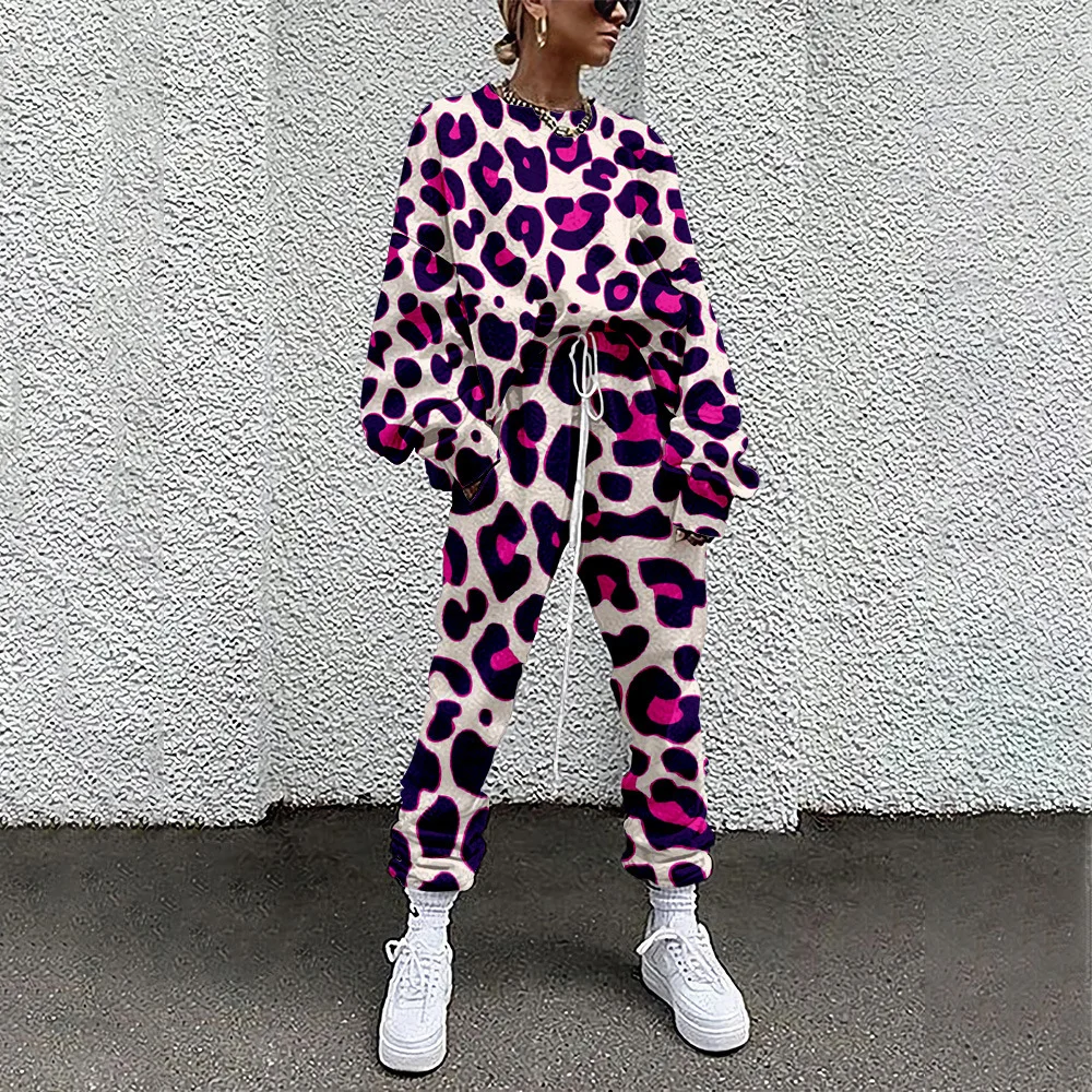 Autumn Women Two Piece Set Long Sleeve Pullover Tracksuits Spring Leopard Print Sweatshirt Jogger Pants Suit