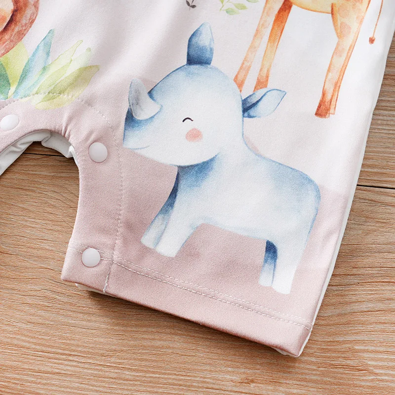 Newborn Clothing Cute Cartoon Grassland Animal Print Comfortable And Soft 0-18 Boys And Girls Summer Short Sleeved Baby Jumpsuit