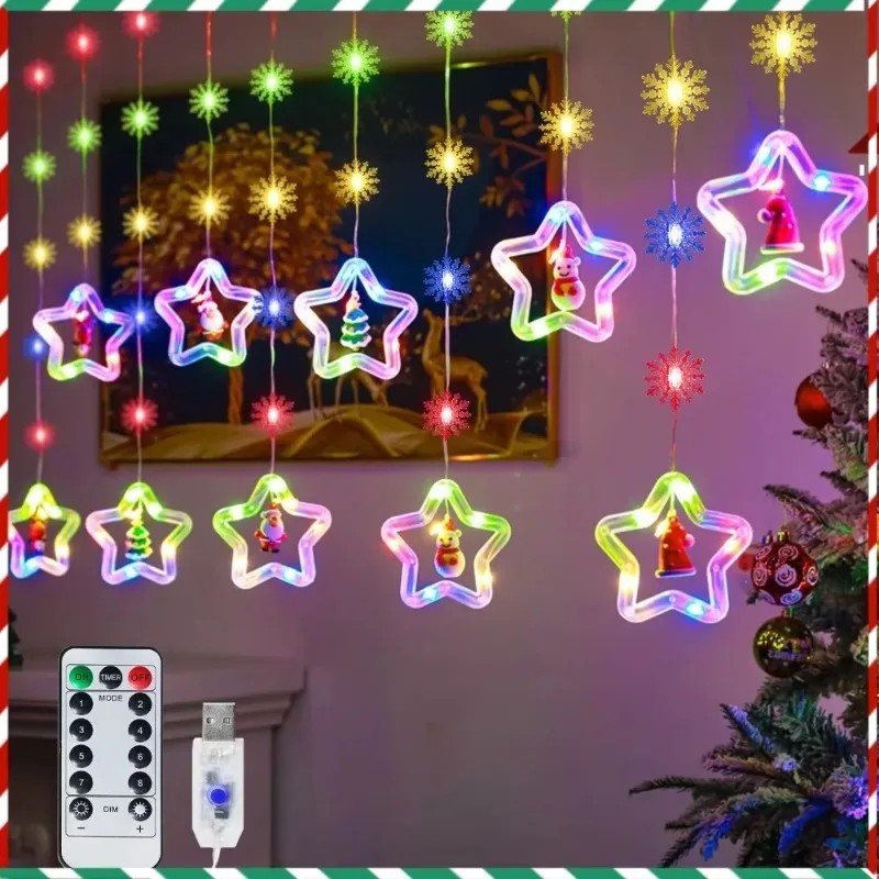 

3M LED Christmas String Lights USB Powered Santa Claus Star snowflakes Curtain Fairy Lights with Remote 8 Modes Xmas Party Decor