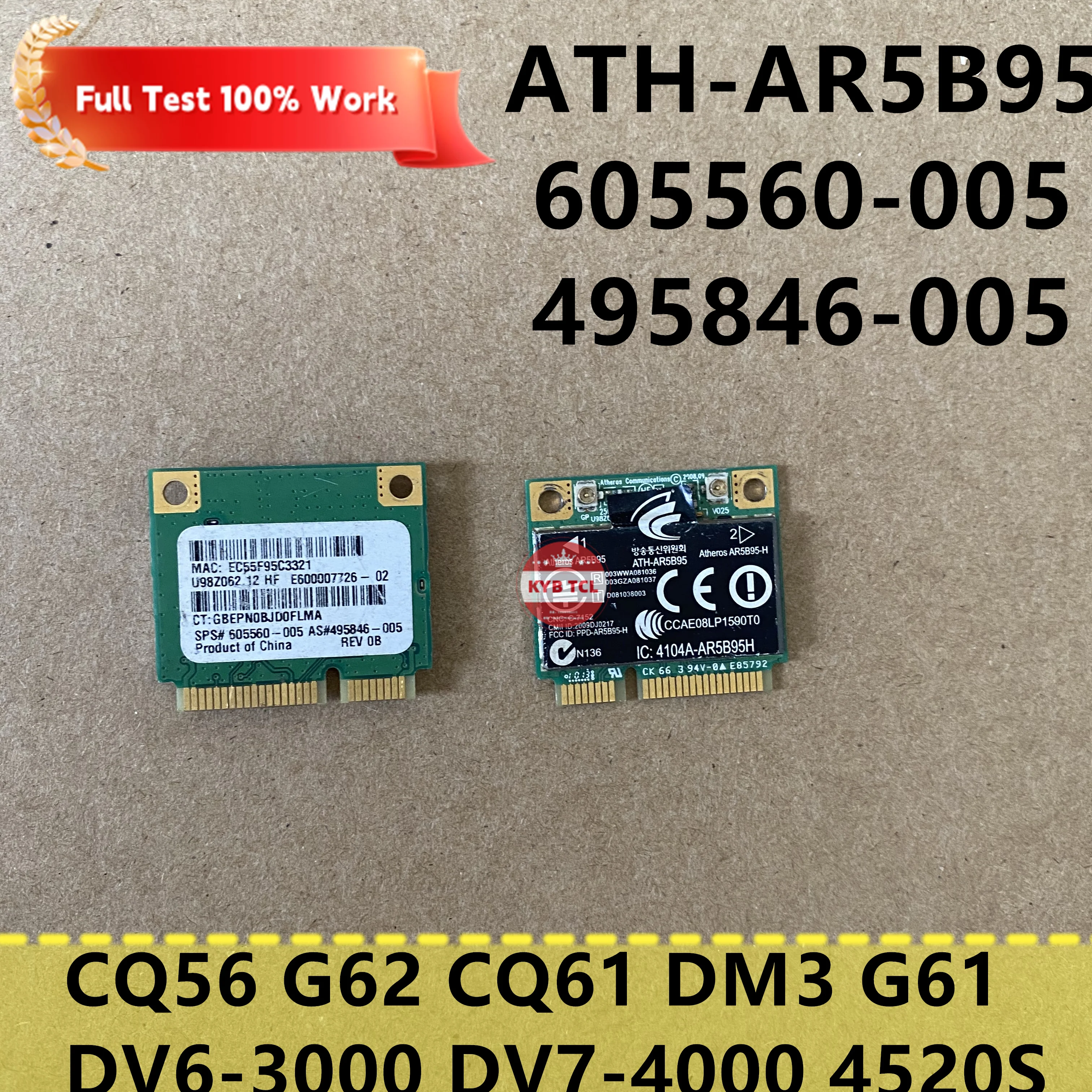 For HP Pavilion DV6 DV7 DM3 G61 CQ56 G62 DV6-3000 DV7-4000 4520S Atheros ATH-AR5B95 Wireless N 802.11n Half-Mini PCI-E WIFI Card